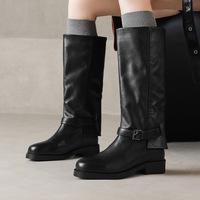 Bottes d'équitation d'hiver montantes en cuir véritable à bout rond, talon interne, à enfiler avec boucle