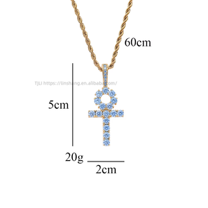 Classic Small Solid Blue CZ <b>Cross</b> Pendant Necklace, Men's Hip Hop Sea Blue Zirconia Jewelry - Product Image 3