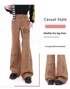 Femmes été nouveau américain haute rue vêtements de travail évasé <span class=keywords><strong>jean</strong></span> décontracté minceur Style droit respirant Denim - Product Image 2