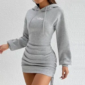 Dress Hoodie wanita, Gaun satu potong Pullover Bodycon Mini sweater kasual musim gugur dan dingin