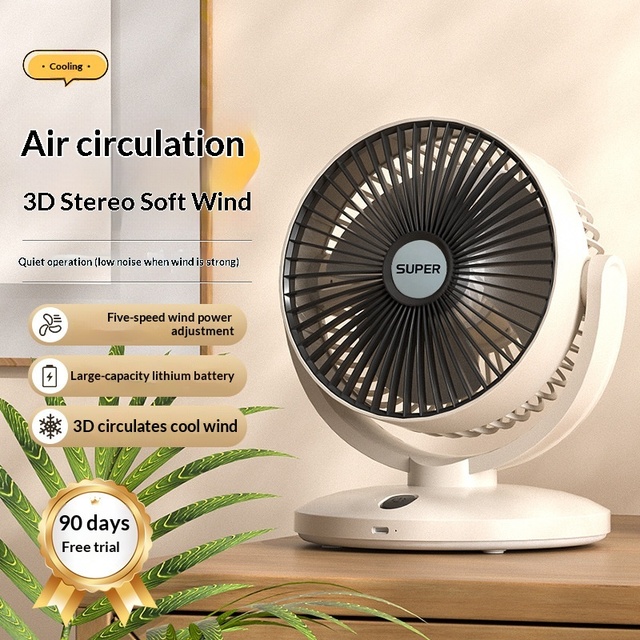 USB Desktop Air Circulation Fan Rechargeable Small Silent Long-Lasting Fan Brushless Motor 5-Speed for Dormitory Kitchen Desktop