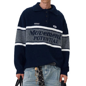 Suéter de punto para hombre personalizado Streetlux, holgado, cómodo, transpirable, Jacquard, solapa, letras bordadas, antiencogimiento - Product Image 3