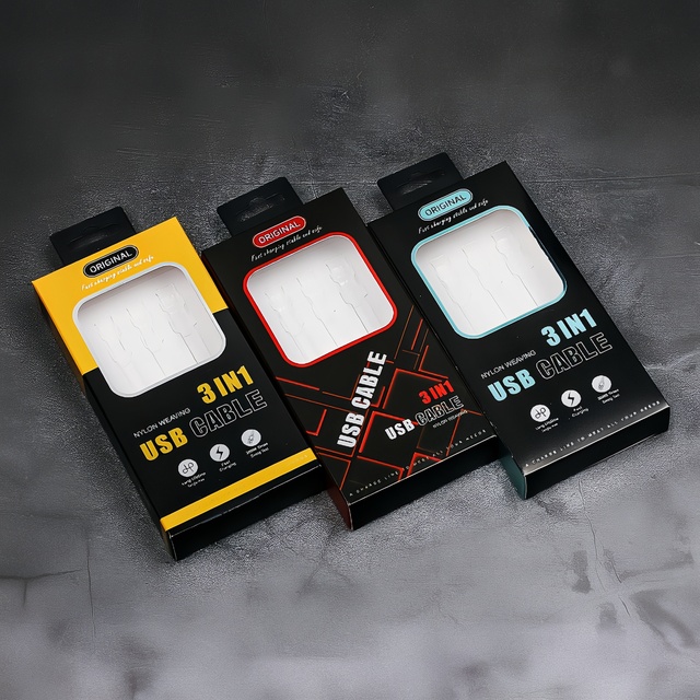 Custom Portable 3 in 1 USB Black Data Cable Packaging Box