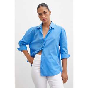 Chemise en lin boutonnée pour femme, bleue, style décontracté, design simple, poignets larges - Product Image 6
