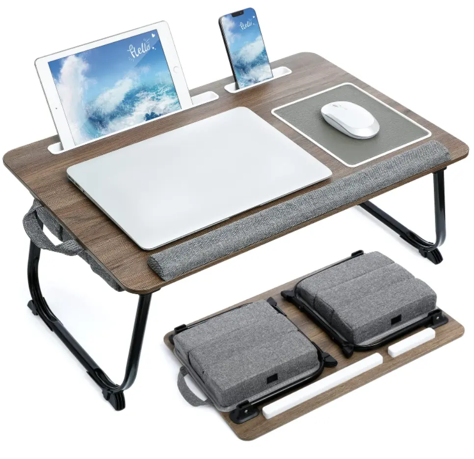 Portable Wood Lap Desk with Pillow Cushion Phone Holder Laptop Bed Tray Table with Foldable Legs Height Adjustable Laptop Desk