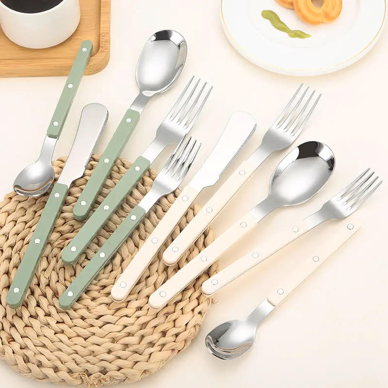 Hot Selling Wedding Stainless Steel Spoon Fork 5 Pcs Cutlery Set Plastic Handle Restaurant Flatware