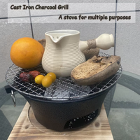 Barbecue au charbon de bois multifonctionnel en fonte IKW - Poêle à barbecue de table portable avec base en bois massif pour le camping, les pique-niques, la cuisson à domicile