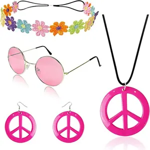 Hippie trang phục thiết lập bao gồm dấu hiệu Hòa Bình Hạt Vòng Cổ hoa vương miện Headband và Hippie kính mát 60S 70S Đảng phụ kiện