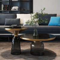 Table basse ronde dorée de salon, design nordique de luxe moderne, avec verres latéraux, 1 pièce