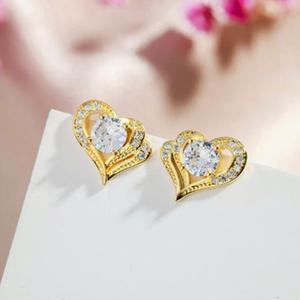 Boucles d'oreilles en forme de cœur en or E1233, avec serti rond en zircon, pour femmes, bijoux romantiques à la mode, cadeau - Product Image 4