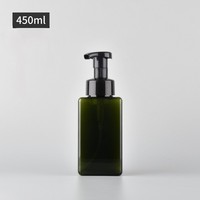 Flacon distributeur de savon liquide carré transparent en PETG de 450 ml avec pompe mousseuse, sérigraphie, estampage à chaud doré, impression UV, vide, pour soins du visage