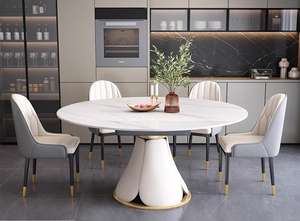 Ensemble rond de table à manger en marbre de luxe, extensible et pliable, 6 places, meubles rectangulaires en métal peu encombrants - Product Image 3