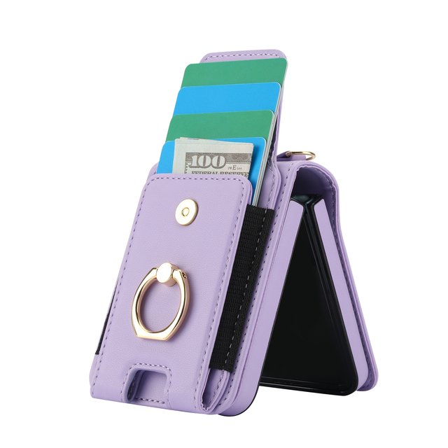 Fashion Women Crossbody Phone Purse Case for Samsung Z Flip 4 5 6 7 8 Card Holder Wallet PU Leather Cover with Metal Ring Stand