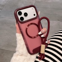 Étui de téléphone magnétique mat rouge bordeaux vintage avec cordon, coque de protection antichoc de luxe pour iPhone 17 Pro Max 16 Pro 15 14 13