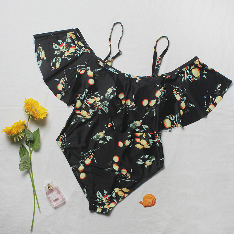 2022 New Design DAMO Plus Size Ladies Fruit Printed One Piece Shoulder Women Swimsuit Tummy Control Girls Swimwear