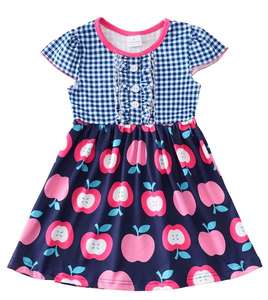 Vestidos de Verano Personalizados de Manga Corta para Niñas, Top Azul a Cuadros con Estampado de Manzanas, Vestido con Volantes y Botones para Bebés - Product Image 1