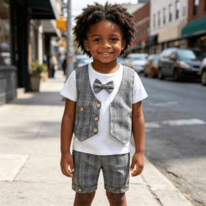 T-shirt <span class=keywords><strong>blanc</strong></span> à col rond et manches courtes pour bébé, gilet à col en V à carreaux gris à simple boutonnage avec nœud papillon, short décontracté à revers, costume formel de gentleman - Product Image 6
