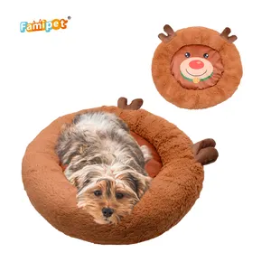 Famipet Custom New Christmas Reindeer Design Round Soft Washable Plush Fluffy Donut Calming Pet Cat Dog Bed with Non-slip Bottom