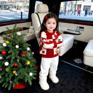 Girls Christmas Sweater Red White Checkered Thick Cotton Round Neck Winter Top - Product Image 2