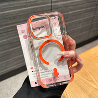 Coque de téléphone rigide en acrylique transparent avec protection d'objectif et support magnétique pour iPhone 18 17 16 15 14 13 Pro Max, avec support métallique, couleur orange