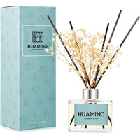 Diffuseur de parfum d'intérieur carré plat transparent 200 ml avec logo personnalisé, fleurs séchées de gypsophile et bâtonnets en rotin, coffret cadeau personnalisé