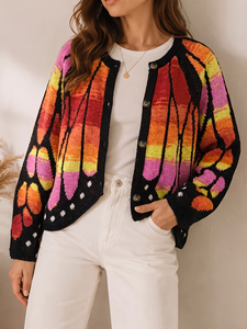 Cardigan en tricot jacquard coloré à motif papillon pour <span class=keywords><strong>femme</strong></span>, col rond, boutonné, ouvert sur le devant, vêtement d'extérieur décontracté pour le quotidien et les festivals - Product Image 1