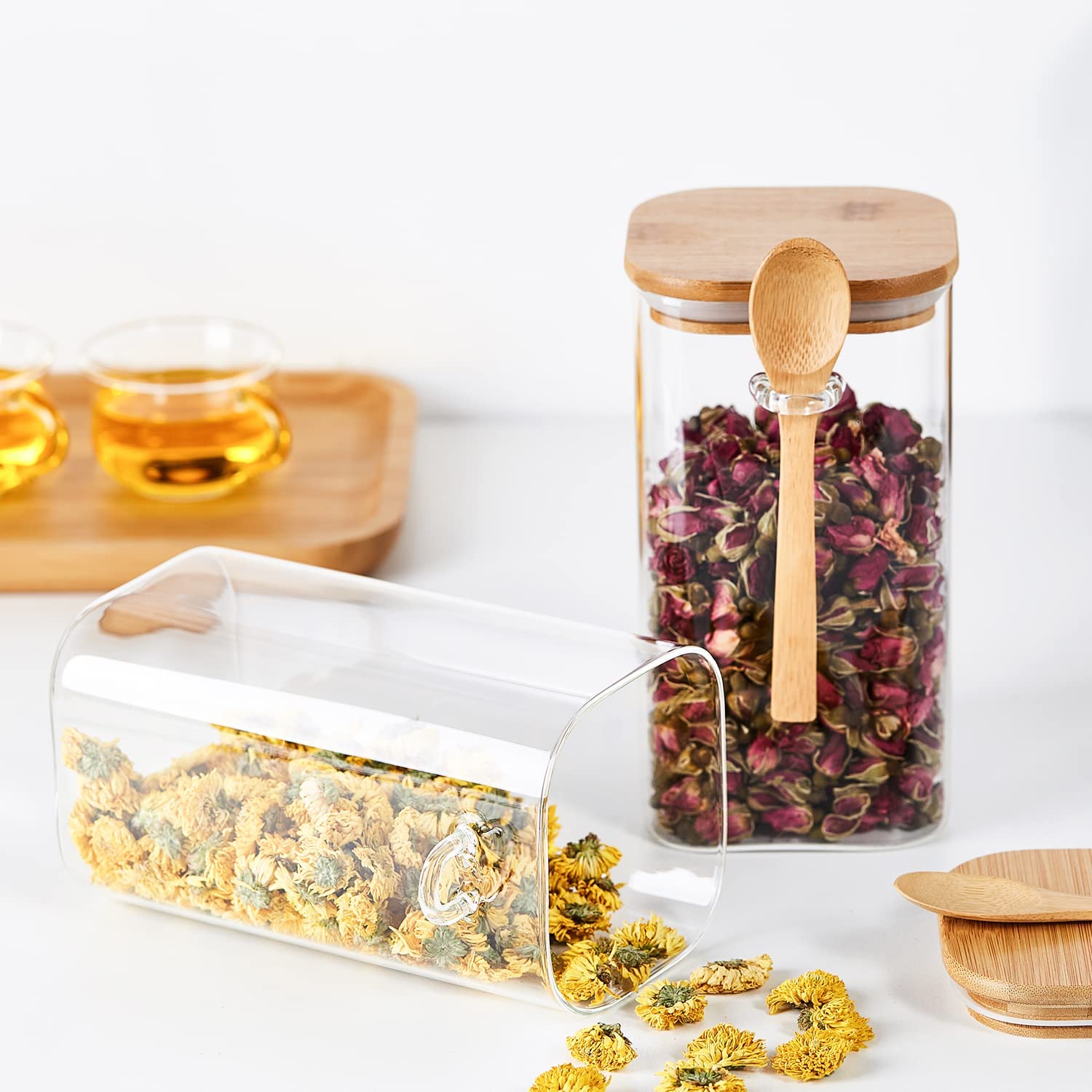 Glass Jars,1400ml/47oz Glass Kitchen Canisters Set of 2 with Airtight Bamboo Lid and Spoon,Glass Food Storage Containers
