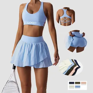 2023 New Sportswear Shockproof Bra High Waist Tennis culottes Casual Mini Skirt Gym Fitness Sets For Sports