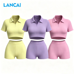 2026 Lancai Women 2 Piece Activewear Set Short Sleeve Zip Crop <b>Jacket</b> Booty Shorts Yoga Gym <b>Workout</b> Fitness Outfit Sportswear - Product Image 1