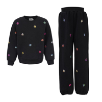 Ensemble de survêtements pour filles, motif floral orné de pierres précieuses, coupe décontractée à épaules tombantes, bordure côtelée, vêtements de jeu décontractés en polyester/coton, personnalisable