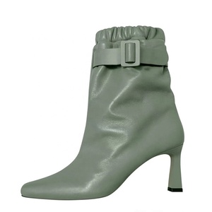 OEM Custom Women Pointy Toe Ankle Boots Solid <b>Elastic</b> Band Top Short Booties <b>Belt</b> Buckle High Heels Dress Shoes - Product Image 4