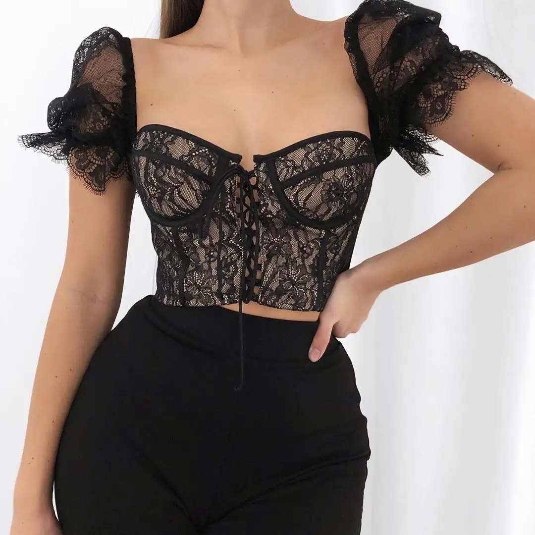 Women New 2020 Fashion Black Sexy Lace Bandage Puff Sleeve Lace Tops Blouses