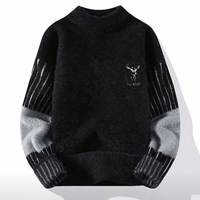 Pull en velours de vison confortable |   Pull en tricot chaud d'hiver pour homme avec poignets rayés et logo brodé, doublure en polaire douce