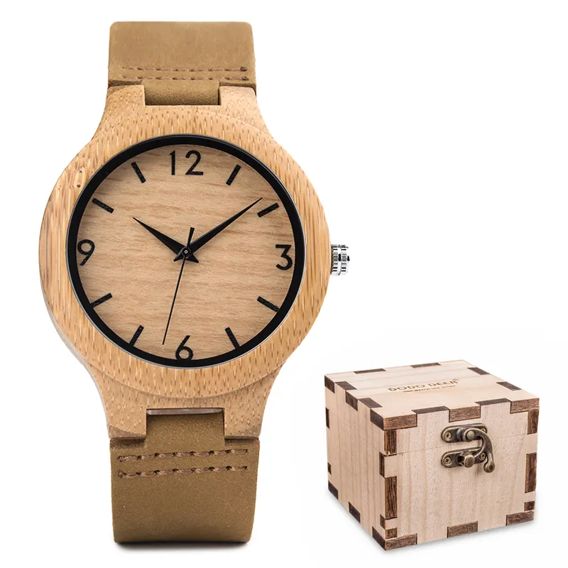 Fashion Luxury Wholesale Custom OEM Solid Bamboo Wood Case Leather Wood Box Wristwatch Wooden Quartz Watches For Men Women