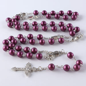 Collana con rosario di perle di vetro <span class=keywords><strong>grigio</strong></span> tempestato di cristalli con dettagli trasversali color <span class=keywords><strong>argento</strong></span> eleganti abiti religiosi - Product Image 3