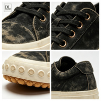 Zapatillas bajas personalizadas de plataforma de gamuza lavada estilo vintage con cordones de tela, borde de puntos, suela de goma gruesa, soporte de arco y transpirables.