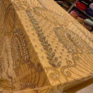 Tela de Encaje Bordada a Mano de Alta Calidad con Cuentas de Cristal y Diseño Floral para Vestido de Novia, Vestido de Noche, Suministro Textil - Product Image 1