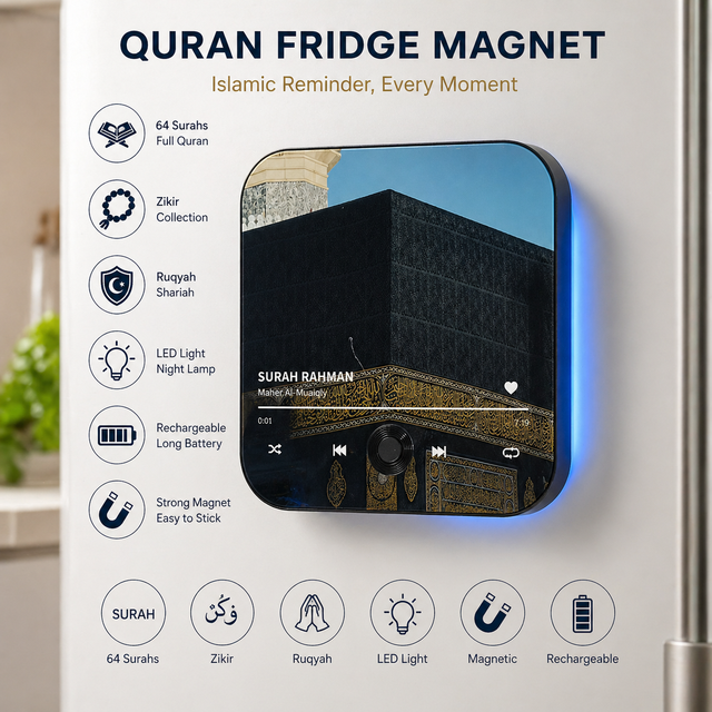 Islamic Quran Fridge Magnet Speaker Mini Quran Audio Player with Surah Recitation & Zikir Magnetic Stick-on Design for Ramadan