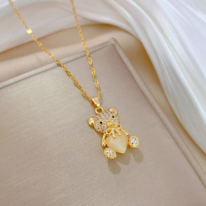 <span class=keywords><strong>Collier</strong></span> en acier inoxydable plaqué or 24 carats, style vintage, avec zircon complet, œil de chat, ours en peluche, élégant et luxueux - Product Image 5