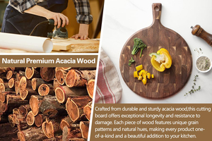Planche à découper ronde en bois d'acacia à grain traversant, avec poignée, pour cuisine, pain, pizza, charcuterie – Meilleure vente - Product Image 2