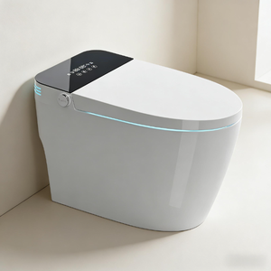 WC intelligent intégré à écran noir, adapté à un usage domestique, avec chasse d'eau à commande au pied et éclairage nocturne. - Product Image 1