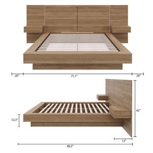 Base de Cama <span class=keywords><strong>Flotante</strong></span> de Madera Maciza con Cabecera Integrada y Estantes Laterales, Acabado en Chapa de <span class=keywords><strong>Roble</strong></span> <span class=keywords><strong>Natural</strong></span>, Diseño Minimalista - Product Image 6
