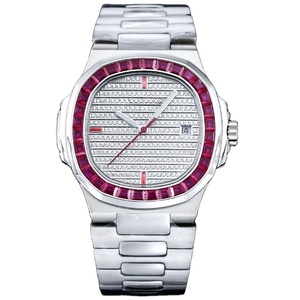 Montre mécanique automatique de luxe pour homme, boîtier en forme de coussin, bracelet en acier inoxydable, lunette sertie de pierres rouges, cadran entièrement serti de diamants, cadran lumineux - Product Image 1