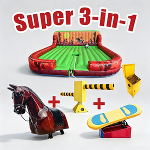 Plataforma Hinchable Multijuegos 3 en 1 con Caballo Mecánico, Tabla de Surf y Brazo Limpiador Wipeout, Tapete de <span class=keywords><strong>Juego</strong></span> de PVC Duradero para Carnaval - Product Image 1