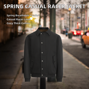Blouson Racer en Coton Noir pour Homme, Col Rabattu Tissé, Fermeture Éclair, Coupe Ample, Vêtement d'Extérieur Décontracté Printemps - Product Image 2