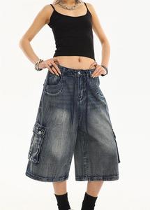 2025 américain rétro lavage Jorts hommes femmes jean en détresse multi-poches Denim <span class=keywords><strong>pantalon</strong></span> Baggy jean Jorts <span class=keywords><strong>Skate</strong></span> Shorts pour femmes - Product Image 2