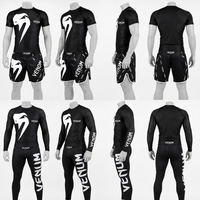 Ensemble 4 pièces noir et blanc : Short de boxe extensible, Rashguard, Pantalon de compression 100% Polyester, Logo personnalisé, OEM ODM, Faible MOQ, Fabricant