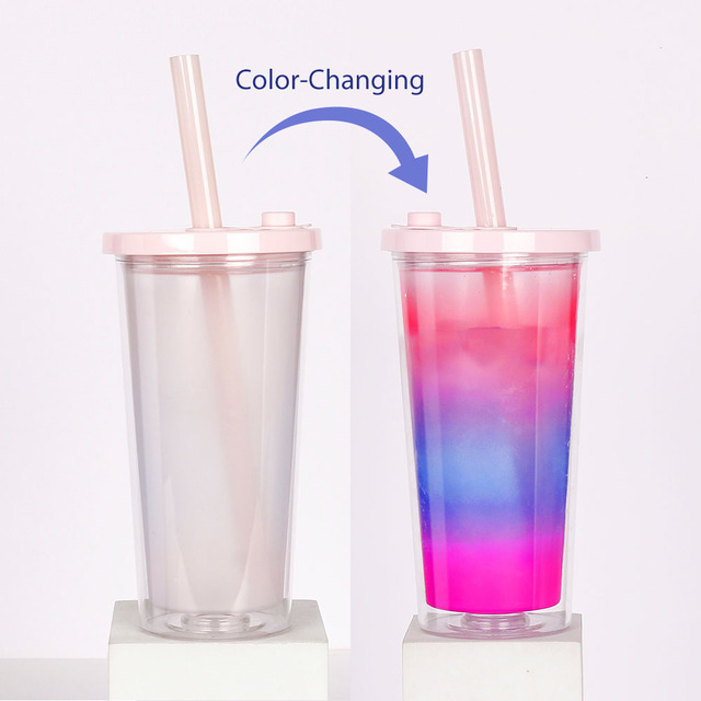 Factory Double Wall Tumbler Reusable Plastic Cold Rainbow Magic Color Changing Cups With Lids and Straws