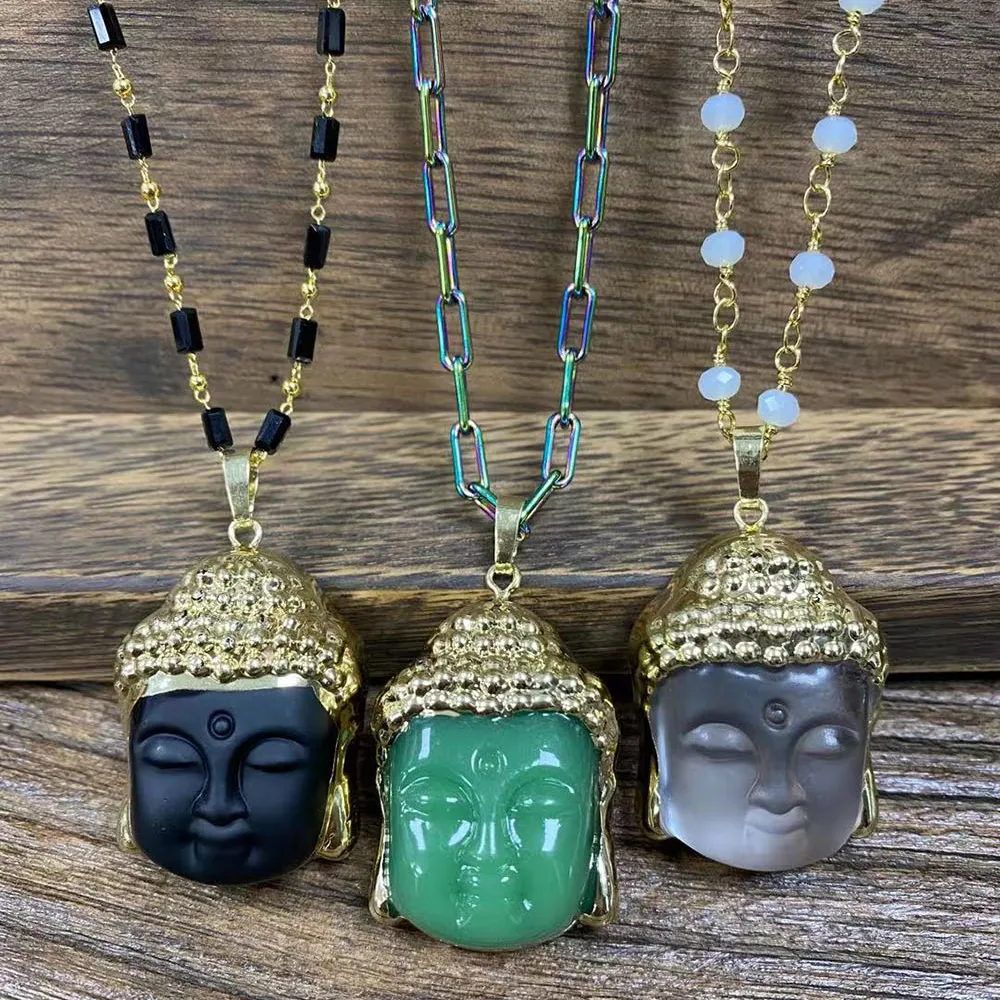 Naturstein Buddha-Hanhänger für Halskette Glück Amulet Anhänger Halskette für Herren Damen Geschenk Buddha-Kopf mit Gold/Silberplattierung