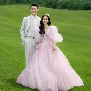 Pink Ball Gown Wedding Dress V Neck Empire Waist Tulle Long Sleeve For Outdoor Photography Studio Wear - Product Image 1